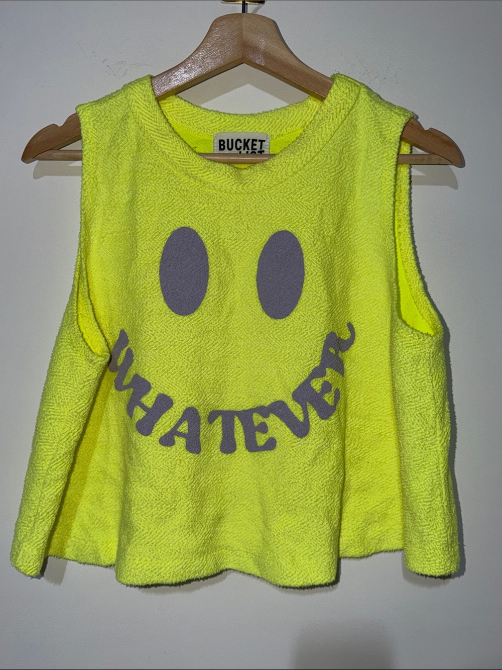 Bucket List  Neon Yellow 'Whatever' Smiley Tank Top size medium